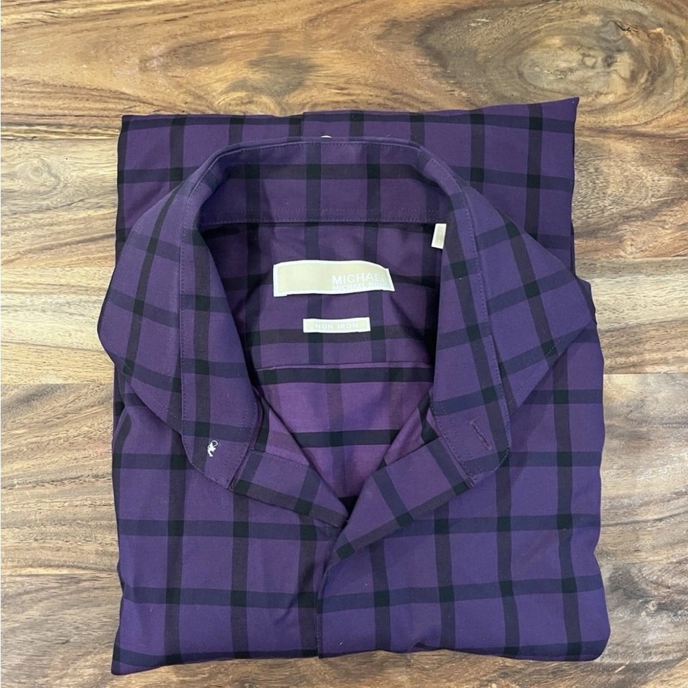 Michael Kors Mens Button Up Shirt Purple Plaid Size 16 34/35 Non Iron